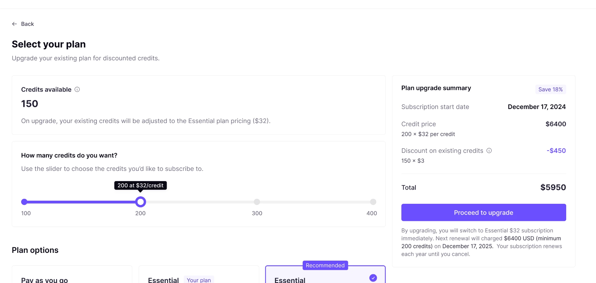 Plan-selection screen with quantity slider and plan cards