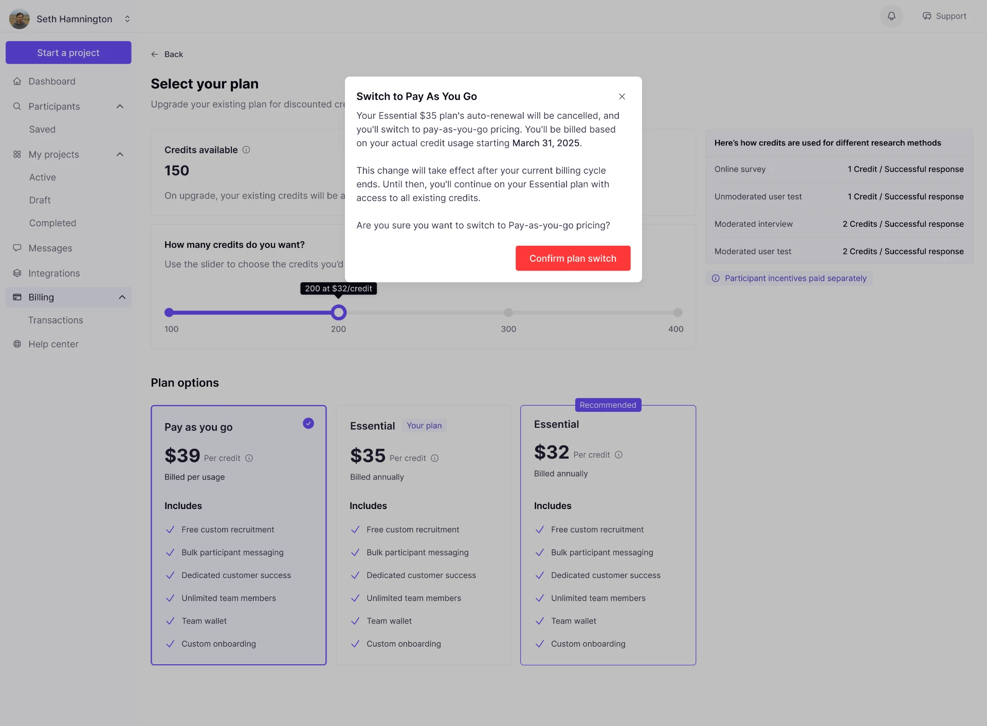 Plan switch confirmation modal titled Switch to Pay As You Go, explaining that auto-renewal for the $35 plan is cancelled and billing switches to pay-as-you-go on March 31, 2025, with a Confirm plan switch button