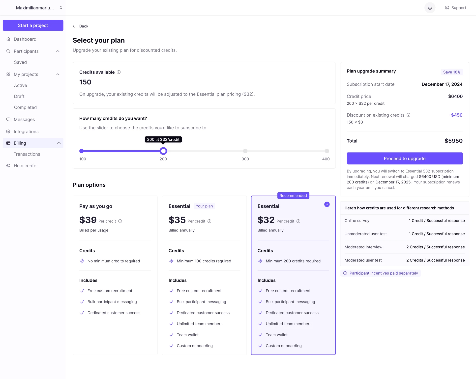 From survey payments to a shared credit system - Plan selection, credit quantity, and upgrade pricing for the shared-credit model.