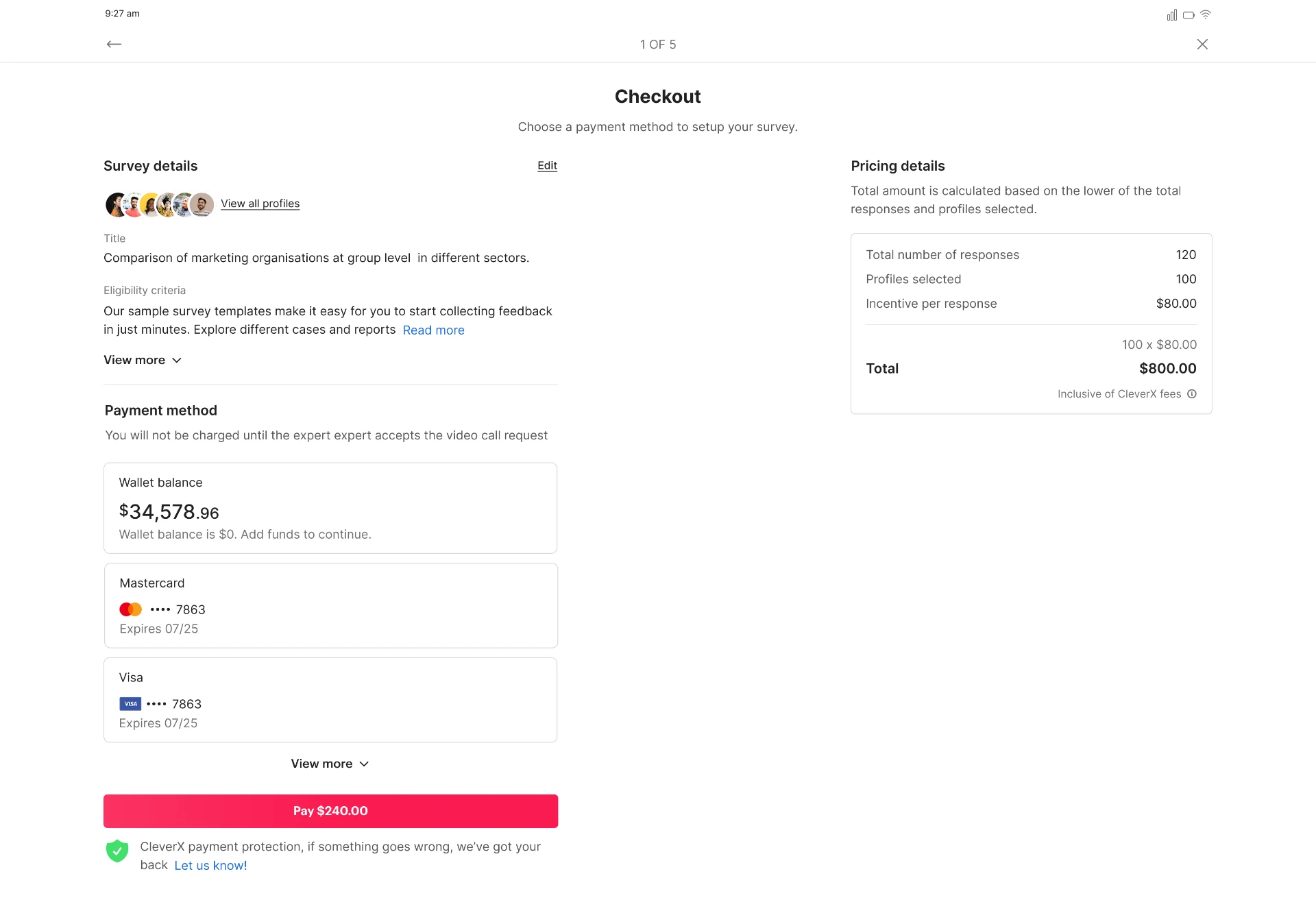 Previous survey checkout screen showing survey details, pricing details, wallet balance, saved cards, and a single payment total