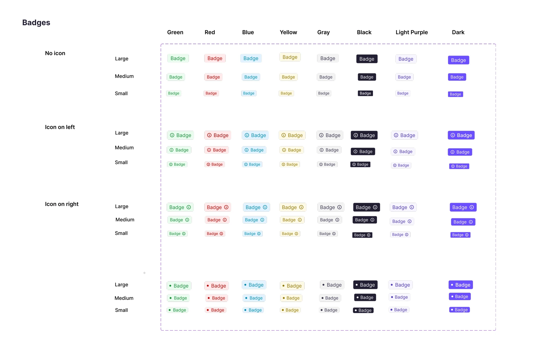 Badge component matrix with icon placements, sizes, and color variants