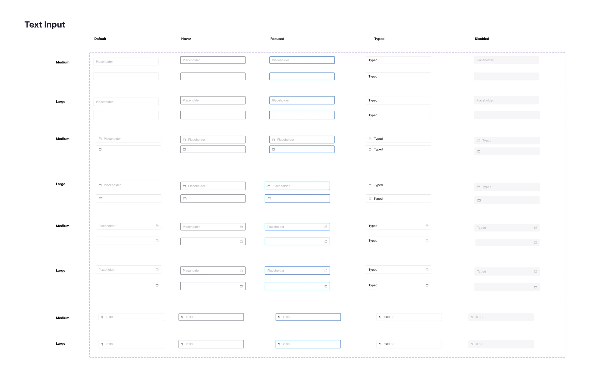 Text-input component matrix with default, hover, focused, typed, and disabled states
