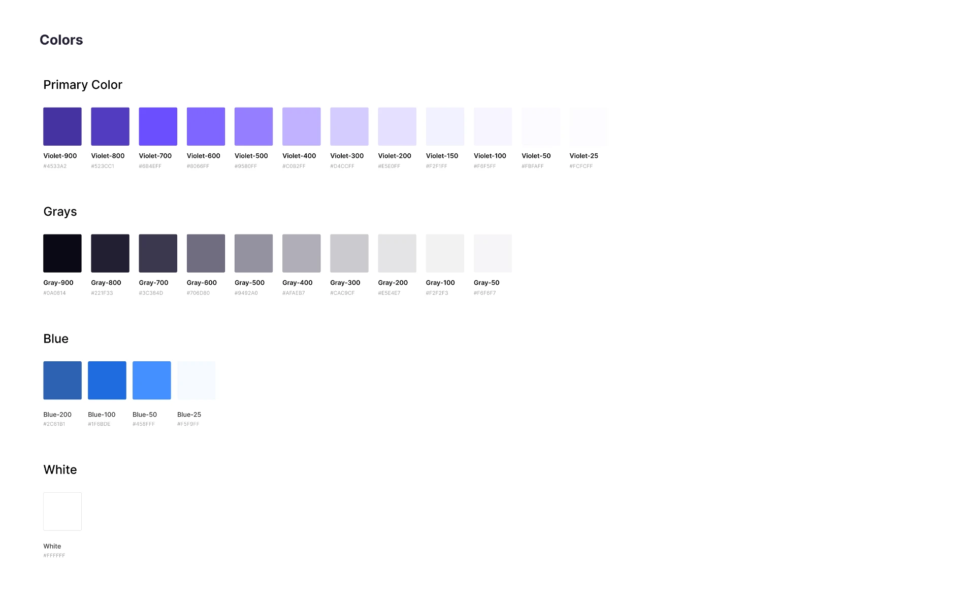 Color scale tokens for the violet primary ramp, grays, blue, and white