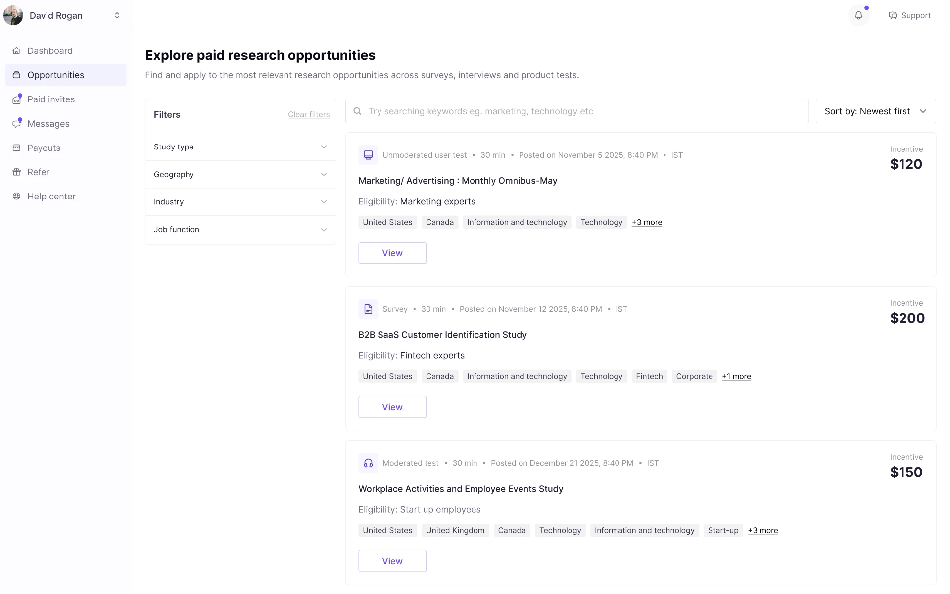 Participant opportunities feed with filters, search, and research study cards