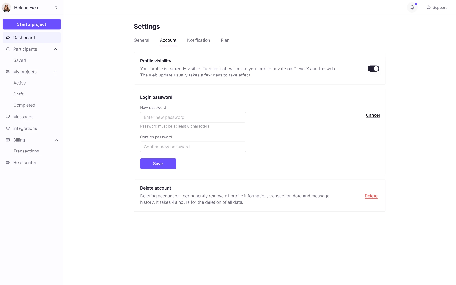 Account settings page with profile visibility, password update, and account deletion