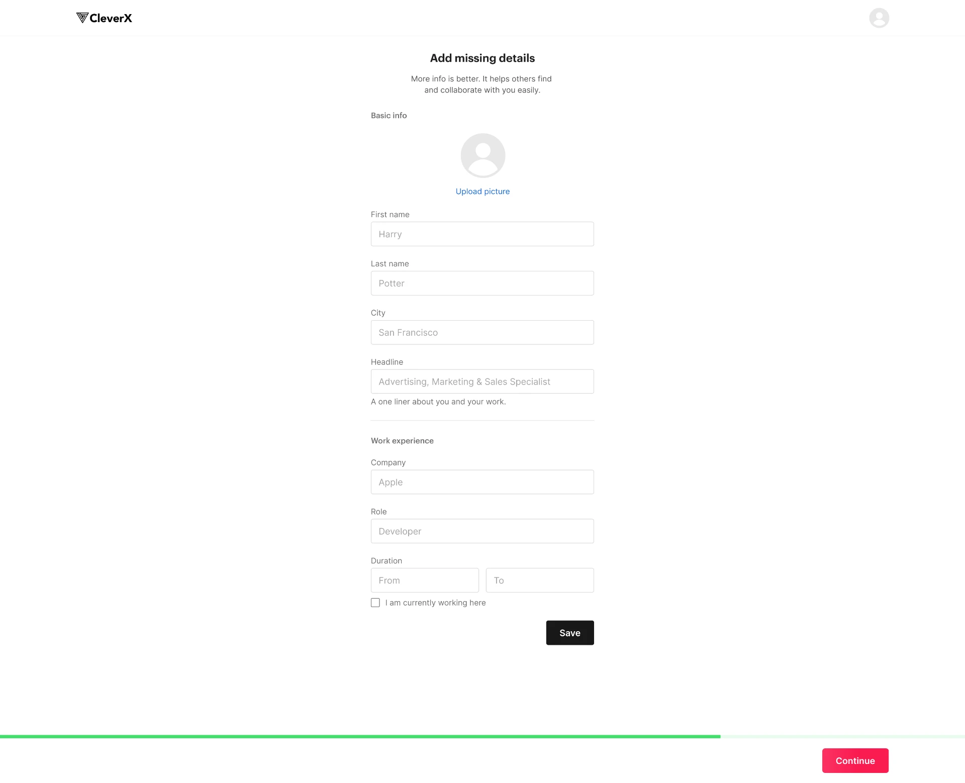 Existing onboarding screen for adding missing profile information