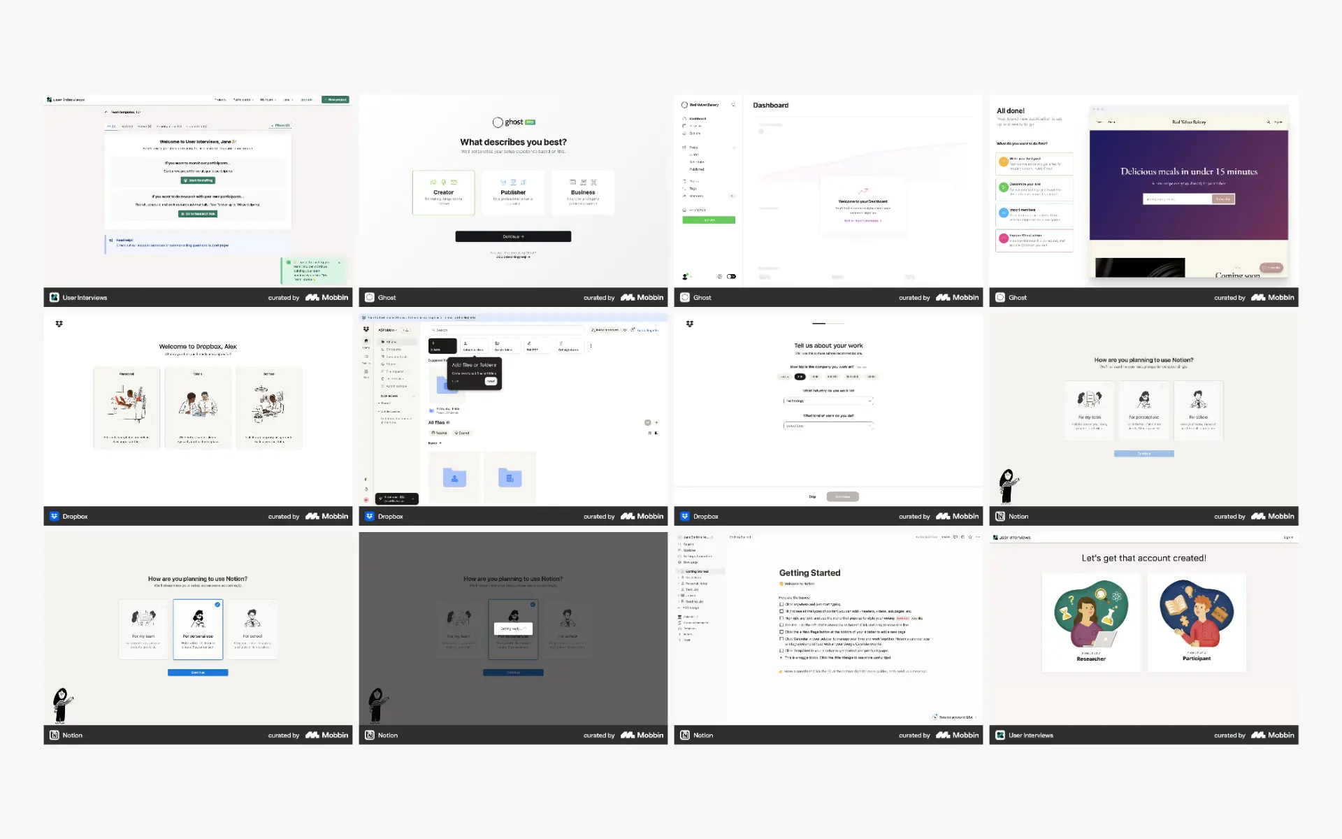 Competitor-analysis reference board of onboarding and role-selection patterns from comparable products