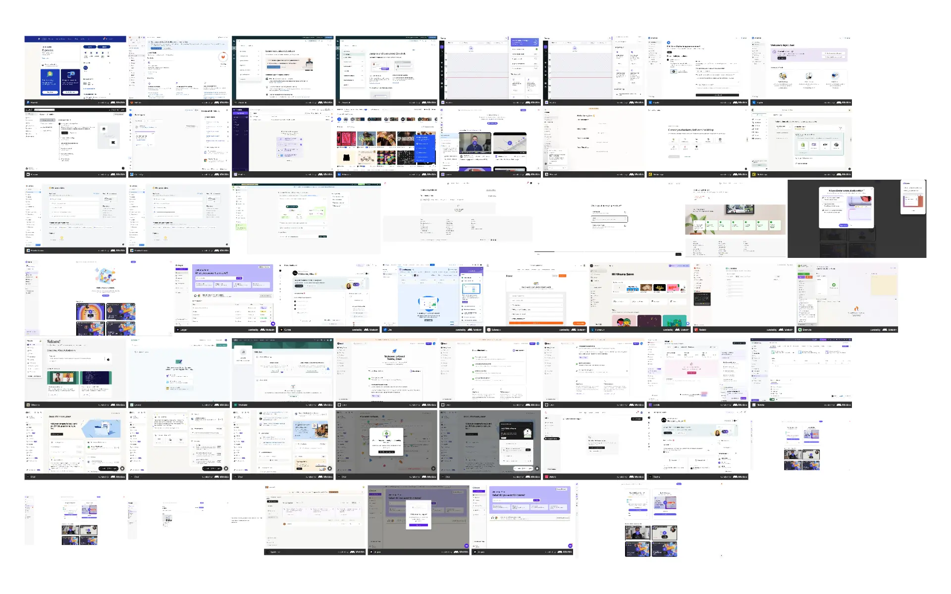 Competitor-analysis reference board showing a wider range of onboarding and dashboard patterns from comparable products