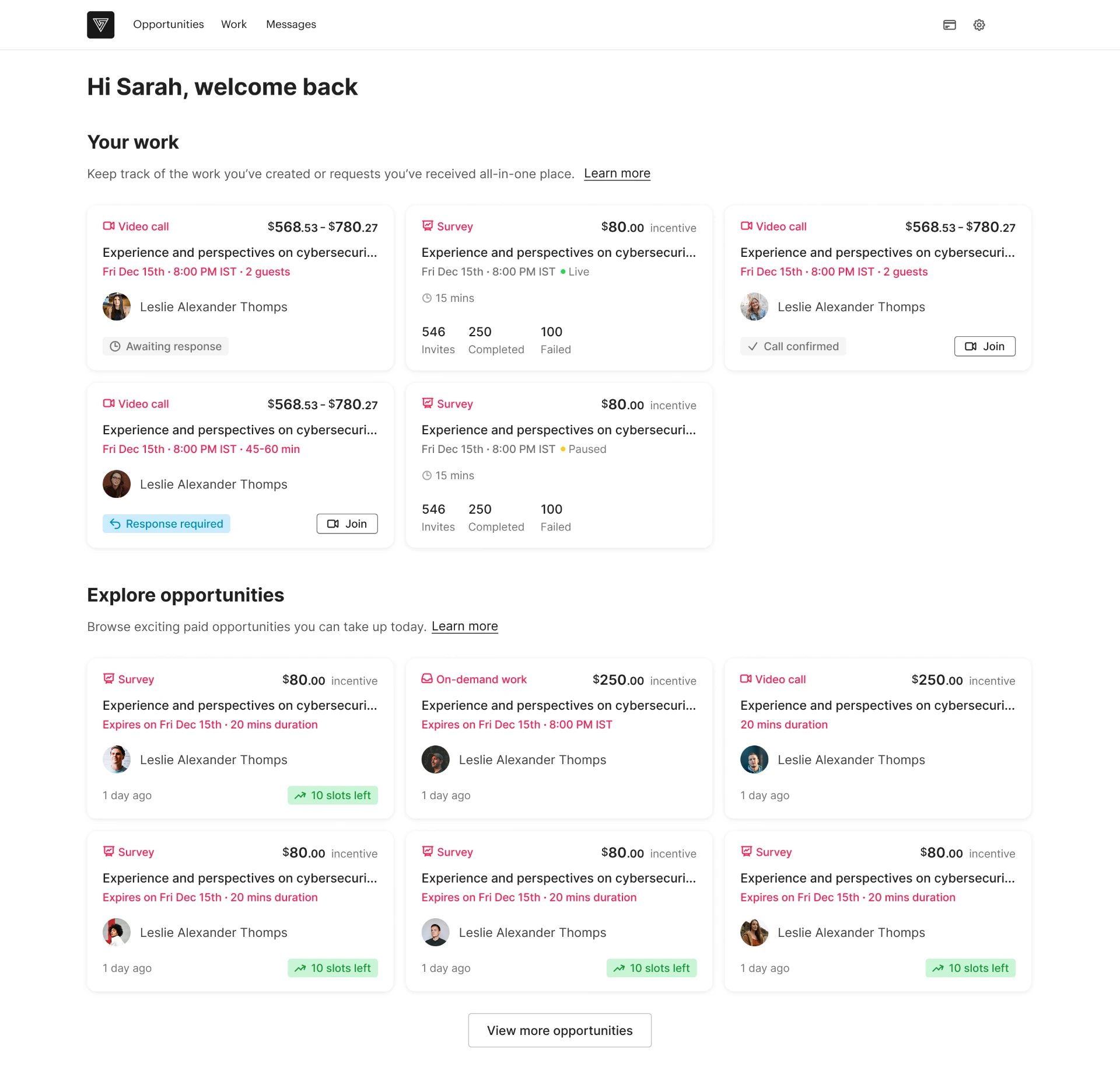 Existing participant dashboard showing current work and available opportunities