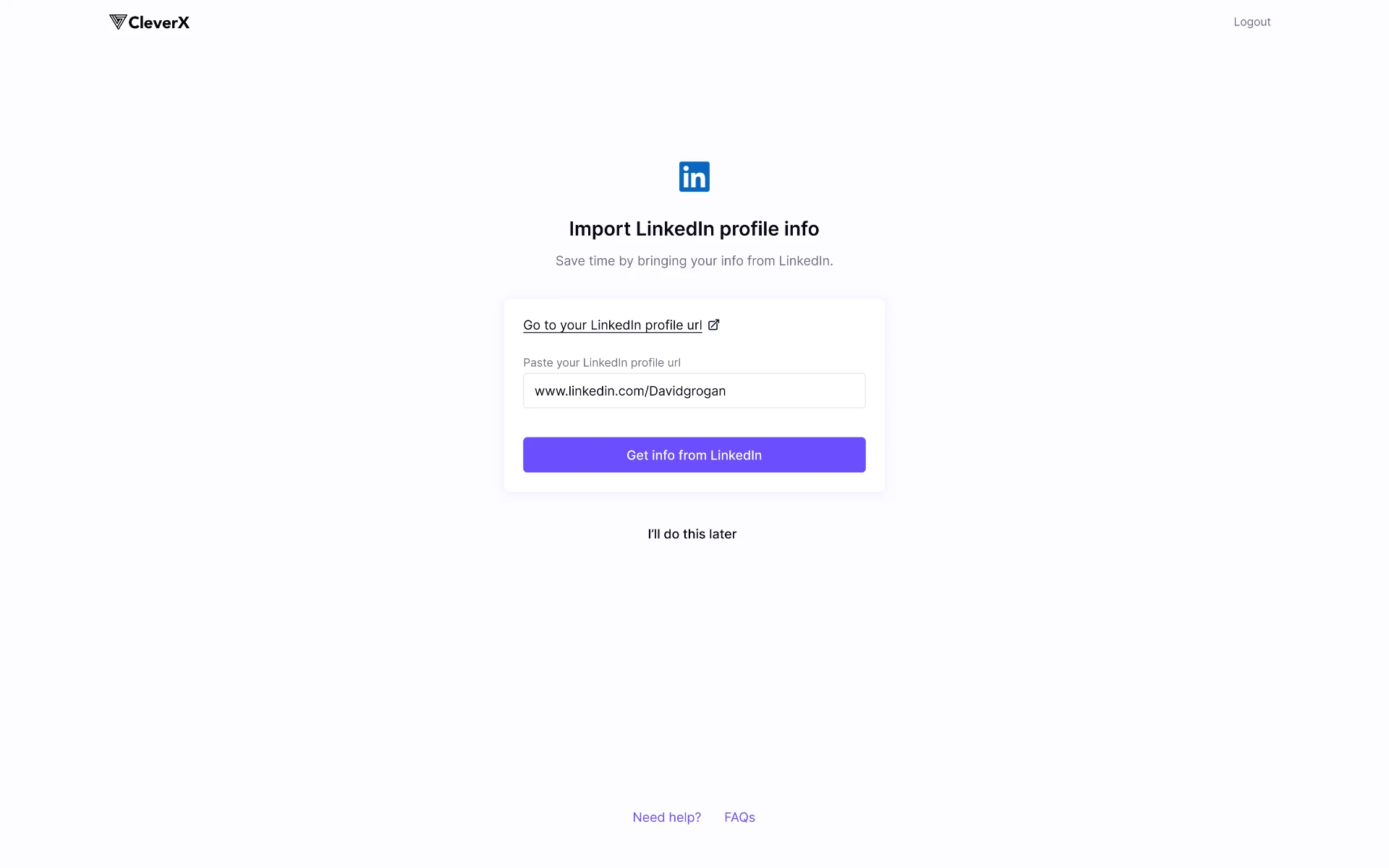 Participant LinkedIn profile import screen