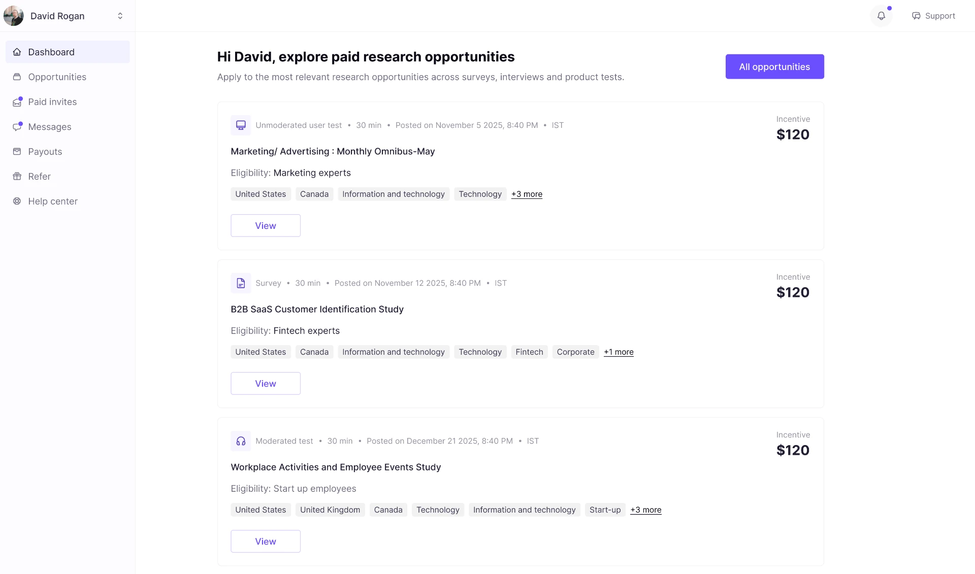 Participant dashboard - paid research opportunities feed