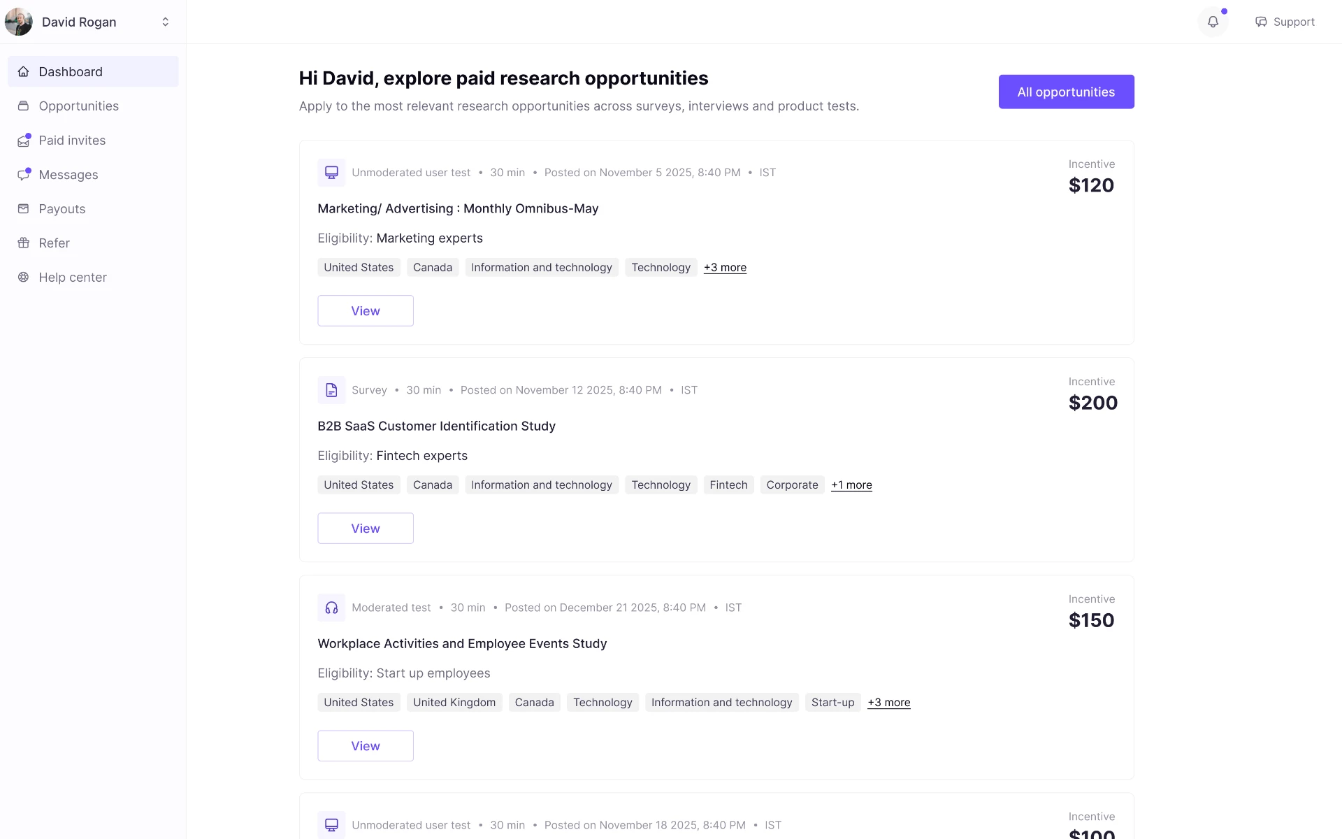 Participant dashboard showing paid research opportunities