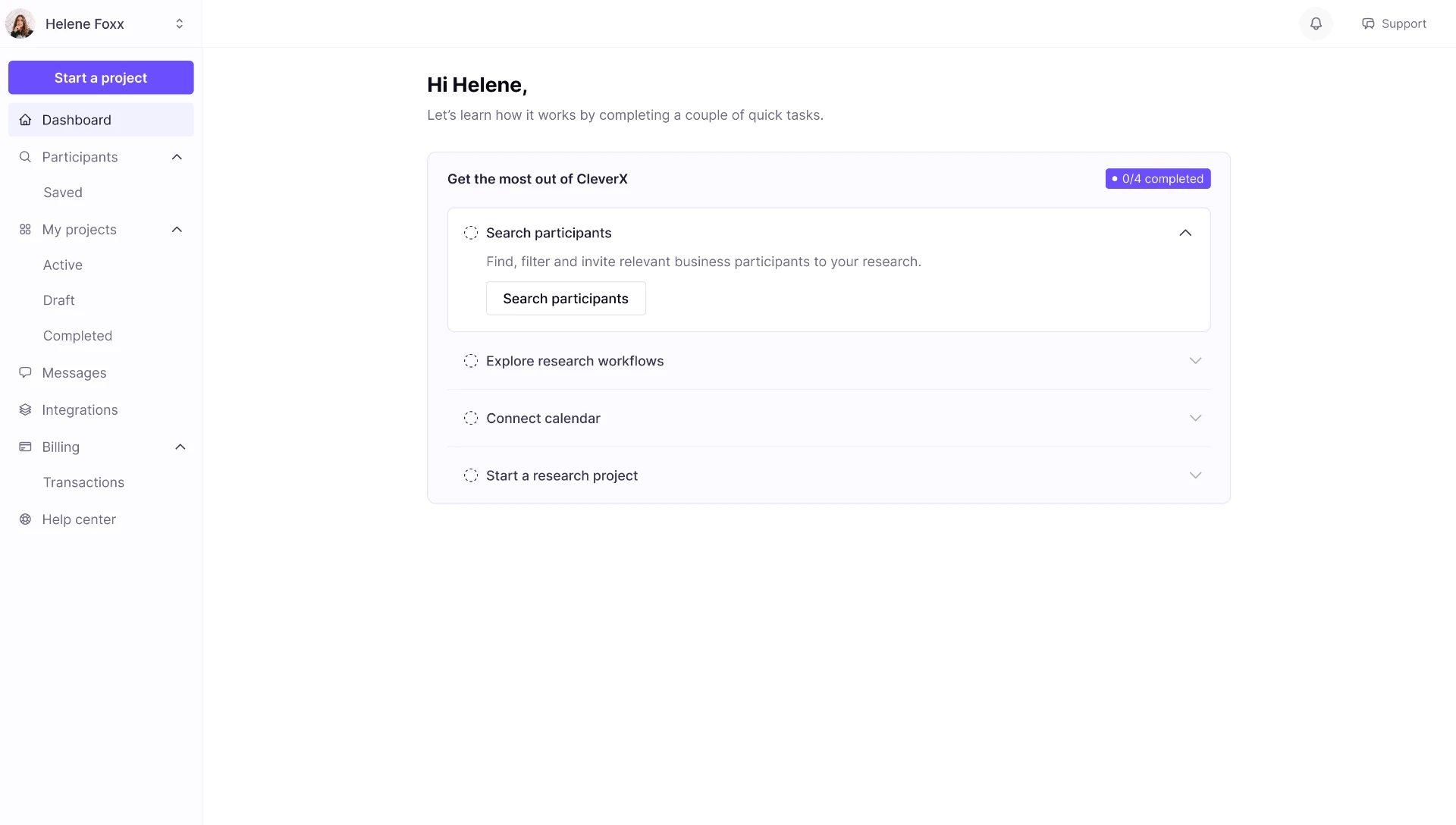 Researcher dashboard - onboarding checklist with guided setup steps