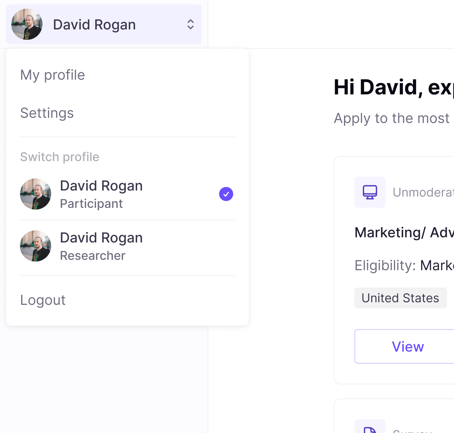 Profile menu with the switch-profile options between the participant and researcher roles